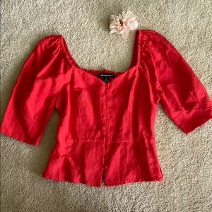 Something Navy tomato Red Puff Sleeve Peplum Blouse, XS